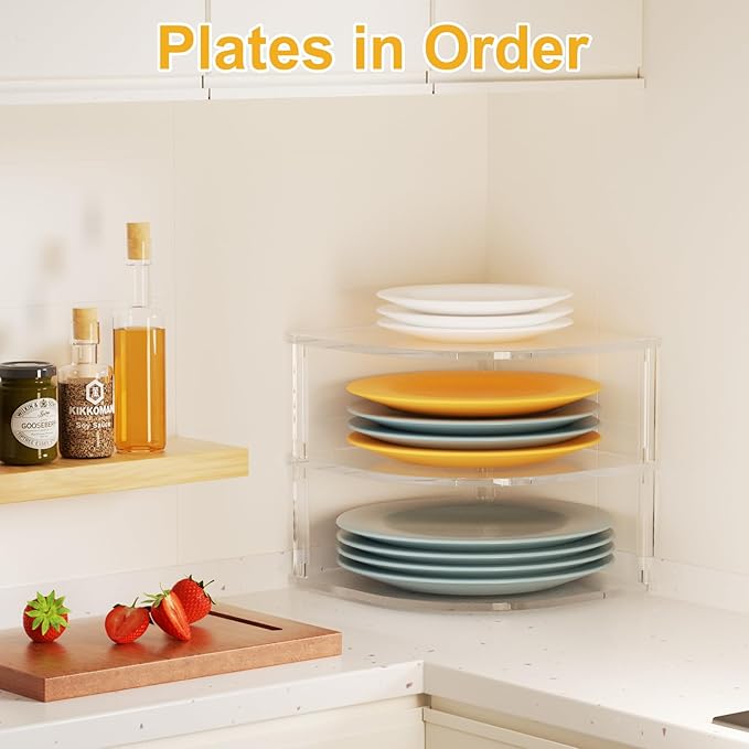 2 Pack Acrylic Plate Organizer for Cabinet, Corner Kitchen Cabinet Countertop Dish Organizer Shelf Kitchen Plate Rack Holder for Plates, Dishes, Bowls