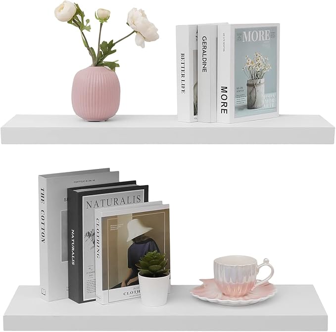 WELLAND Set of 2 Floating Shelves Wall Mounted Shelf, for Home Decor with 8" Deep (White, 24 inch)