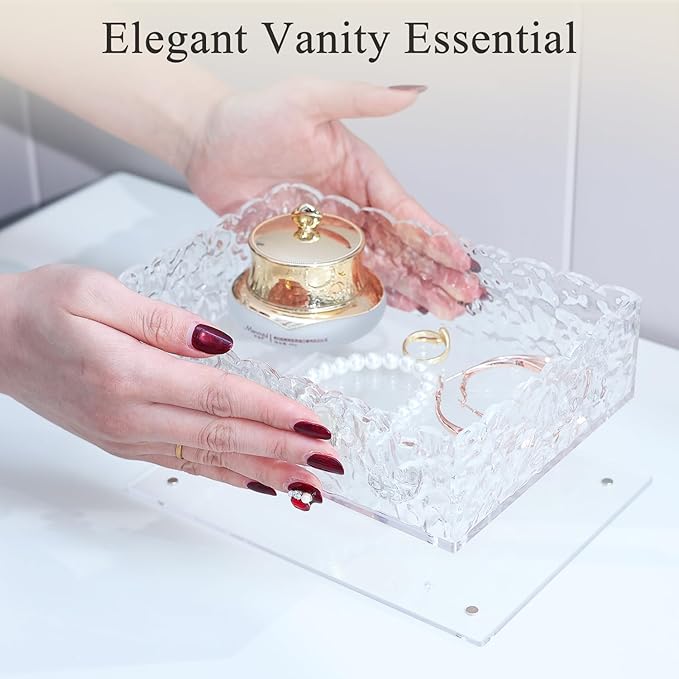 7.5"x5.5" Scalloped Acrylic Tray with Magnetic Mat - All-in-One Organizer for Jewelry, Makeup, Desk & Vanity, 2-in-1 as Tray & Photo Stand, for Women, Mom, Bride