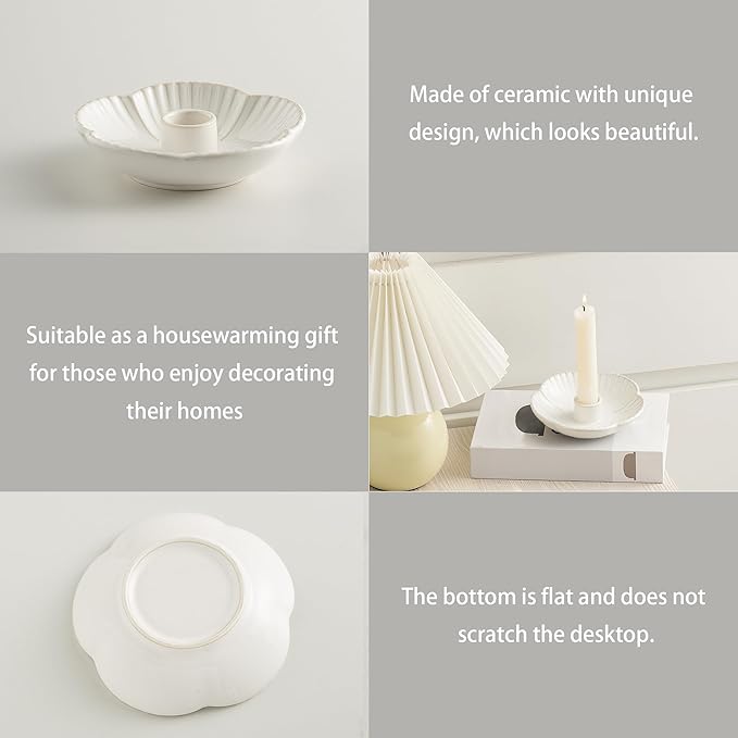 Ceramic Candlestick Holder， Candle Holder for Taper Candles,Incense, Santo Palo, Halloween Christmas Wedding Parties, Dining Room Home Decoration Display - White