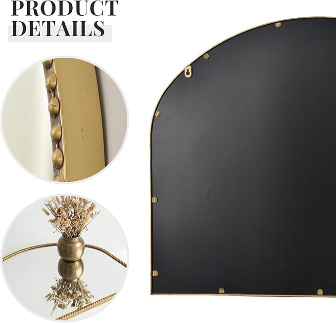 Arched Gold Decorative Wall Mirror 28"x35" Vintage Beaded Frame for Bathroom, Bedroom & Living Room