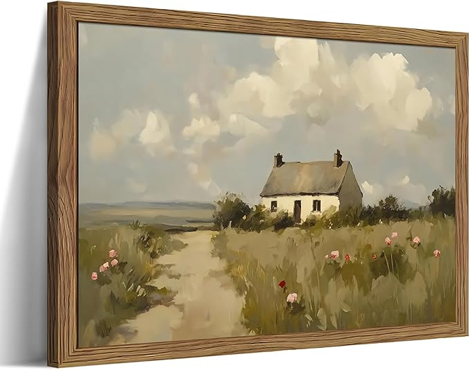 Vintage Wall Art, Framed English Countryside Cottage Painting Print, Country Farmhouse Canvas Wall Art, Rustic Landscape Pictures Artwork Wall Decor for Bedroom Living Room – 8x10 inch