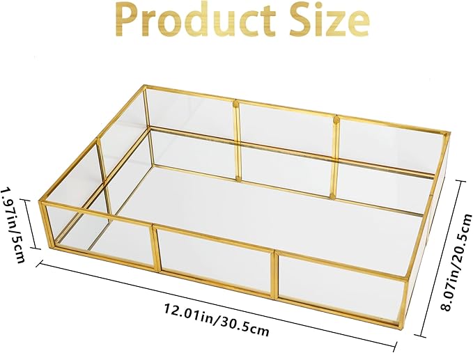Gold Mirror Tray - Metal Decorative Perfume Organizer - Makeup Vanity Tray for Dresser，Jewelry,Bathroom, Bedroom