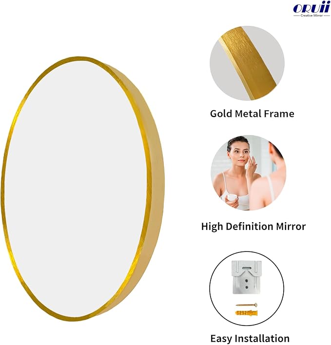 Oruii Gold Round Mirror, Gold Round Mirror 24 inch, Circle Wall Mirrors Metal Frame, Golden Circular Mirrors for Wall, Living Room, Bathroom, Entryway, Vanity, Hallway