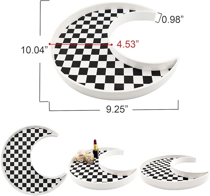 Ciandid Checkered Moon Shape Jewelry Tray - Decorative Organizer for Makeup, Perfume, Dresser, Vanity, Bathroom, Coffee Table, Ottoman