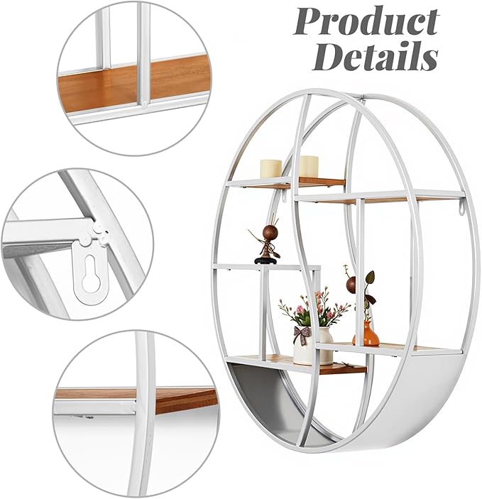 Round Wall Shelf,24 inch Metal Circle Shelf Wood Floating Shelves,Rustic Silver Wall Mounted Display Organizer Shelf for Fireplace,Living Room,Bathroom