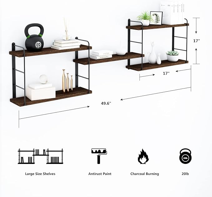 MXCSE Wall Shelves, Wall Mounted Bookshelves, DIY Floating Shelves for Wall, Wood Hanging Book Shelves for Room, Bedroom, Living Room, Easy Installation (Brown, 50W x 17H)