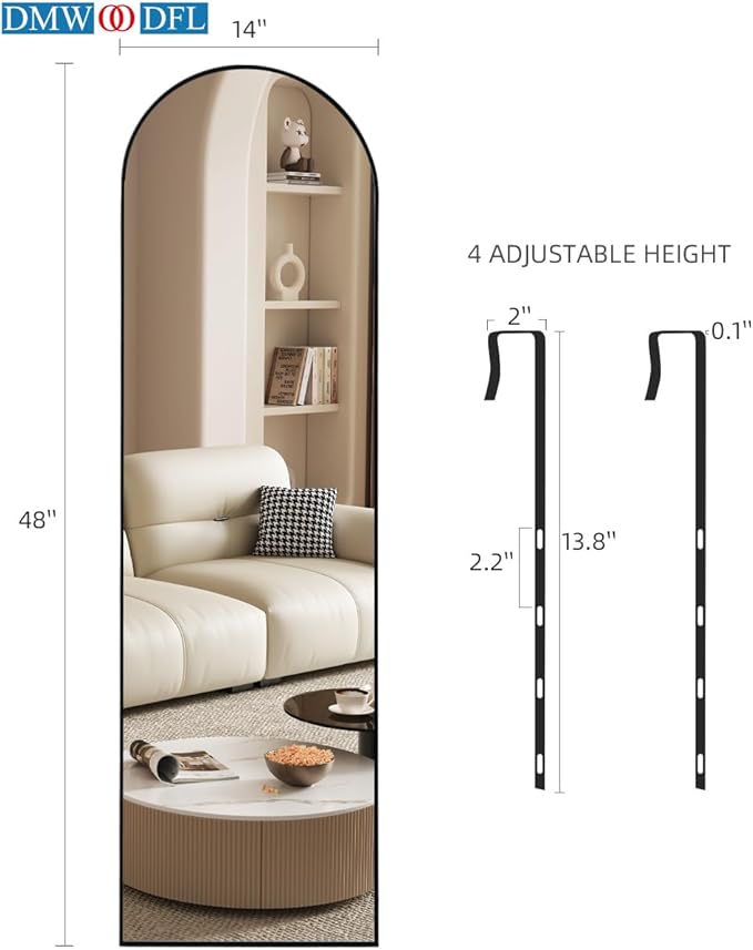 DMWOODFL Over The Door Full Length Arched Mirror - 14"x48", Tempered Glass & Aluminum Frame, No Drill Installation for Bedroom, Bathroom, Closet, Entryway (Black)
