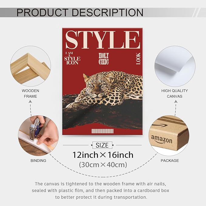 Red Cheetah Wall Art Vintage Trendy Cool Y2k Leopard Style Posters Funky Magazine Aesthetic Cover Canvas Prints 12X16 inch Framed for Living Room Bedroom Dorm Wall Decor