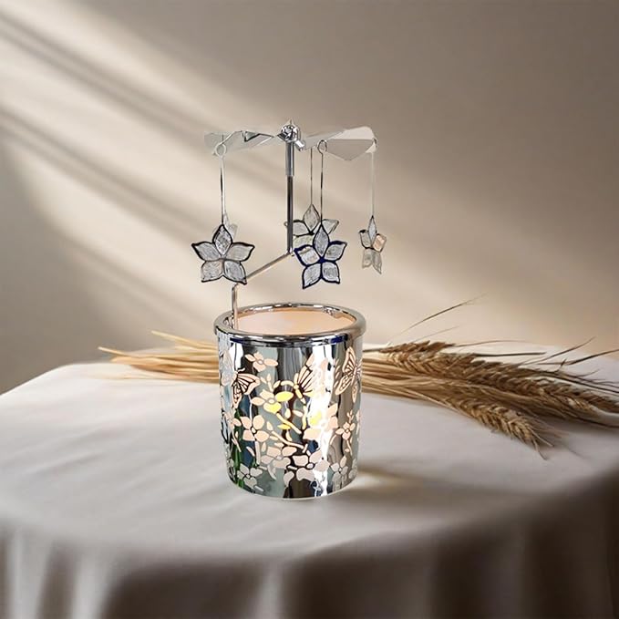 Metal Rotary Candle Holder Spinning Windmill Tea Light Carousel Decor for Home & Gifts (Silver Bauhinia Flower)