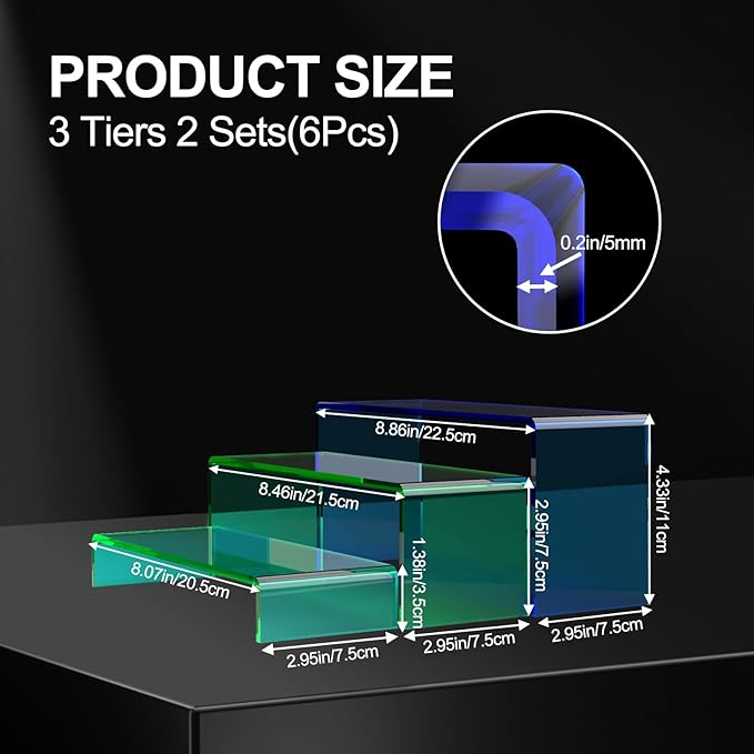 6 PCs Risers Display Stands 3 Tiers Desktop Acrylic Shelves Cake Dessert Holder Products Stand for Collectibles Shoes Jewels Pop Figure (Mix Colors)