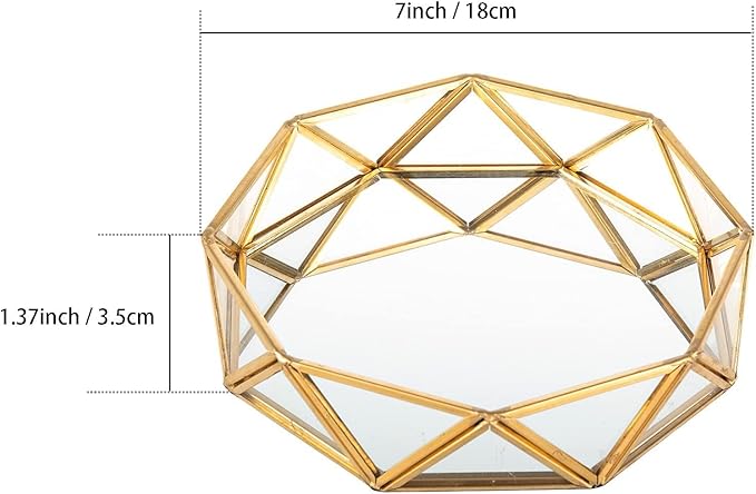Feyarl Small Gold Glass Perfume Tray Jewelry Trinket Organizer Tray Ornate Vanity Cosmetic Makeup Display Decorative Tray for Home Decor Dresser Tabletop Countertop (7inch)