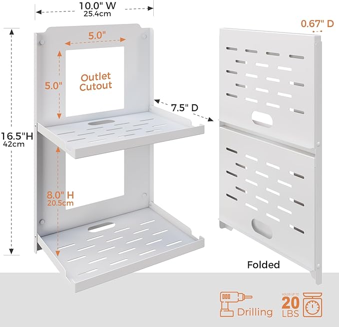 2-Tier Router Shelf Wall Mount Foldable - 10 inch Metal Outlet Shelf w/Cable Holes | Dual-Layer Organize & Connect for Router and Modem & Smart Home Decor | Folds Up & Stackable (Medium)