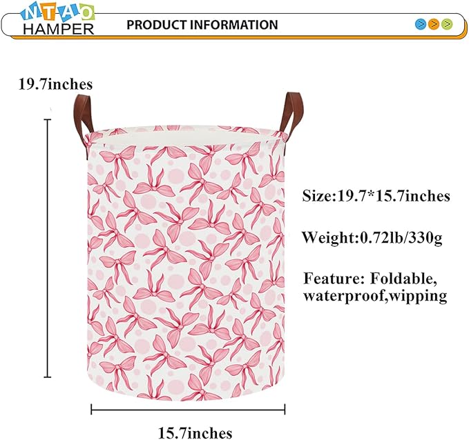 NTAOHAMPER Laundry Hamper,Laundry Basket,Baby Nursery Hamper,Waterproof Storage Bin,Clothes Organizer Basket,Room Decor(Pink Bowknot)