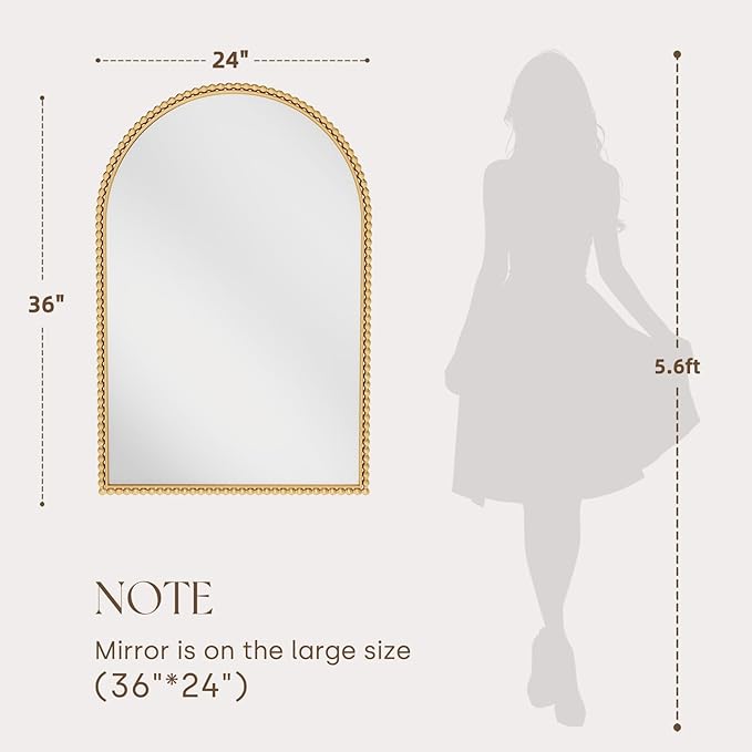 Gold Beaded Arch Wall Mirror - Large Arched Mirror Wall Decor 36"X24" with Metal Frame, Ideal for Entryway, Fireplace, Living Room, Hallway, Bathroom