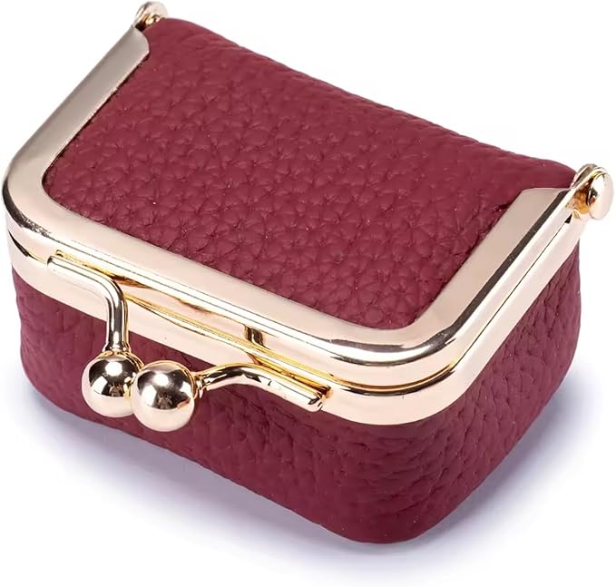 Genuine Leather Mini Jewelry Box for Women, Square Coin Purse with Kiss Lock, Jewelry Organizer Travel Case (Medium, Burgundy)