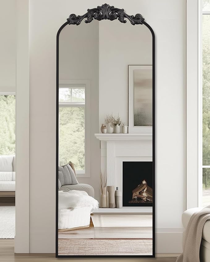 Antok Arched Full Length Mirror, 58"x18" Floor Mirror with Carved, Full Body Mirrors for HomeDecor, Standing/Halling Large Wall Mirror for Bedroom, Living Room, Cloakroom, Black, Retro Style