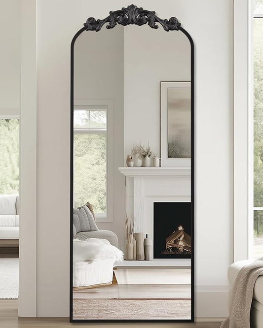 Antok Arched Full Length Mirror, 58"x18" Floor Mirror with Carved, Full Body Mirrors for HomeDecor, Standing/Halling Large Wall Mirror for Bedroom, Living Room, Cloakroom, Black, Retro Style