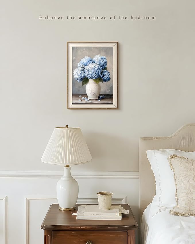 VIYYIEA Vintage Framed Wall Art for Living Room, Blue Hydrangea Canvas Prints, Oil Painting Home Decor, Flowers Picture, Bathroom Wall Decor Gifts for Friends or Family - 16L x 12W