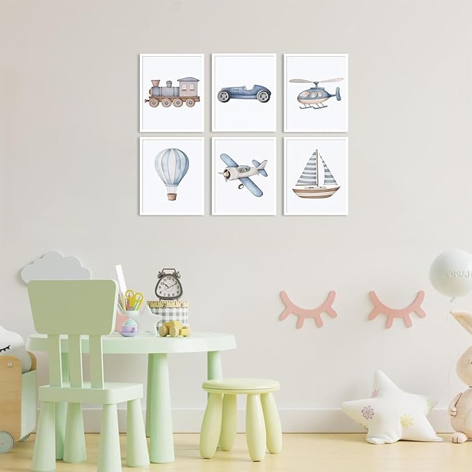 Nursery Car Wall Art Set of 6, Baby Boys Poster Canvas Prints, Blue Kids Car Train Plane Boat Hot Air Balloon Wall Decor Toddler Vehicle Painting Watercolor Artwork Picture 8x10 inch Unframed