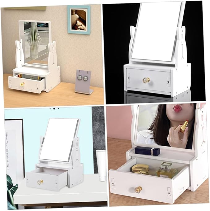 Beaupretty 1pc Cute Desktop Makeup Mirror with Drawer Rotating Vanity Mirror for Bedroom Stylish Cosmetic Organizer with Cartoon Design for Daily Use and Giving