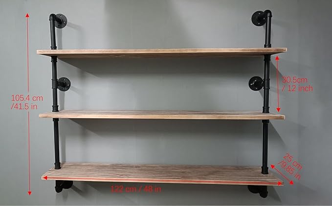 HDDFER Floating Shelves,Wall Mounted Rustic Wood Shelf,Pipe Shelves,Industrial Pipe Shelving with Real Wood Planks 48 inch Industrial Wall Shelves Hanging Bookshelf Farmhouse Kitchen Bar Shelving
