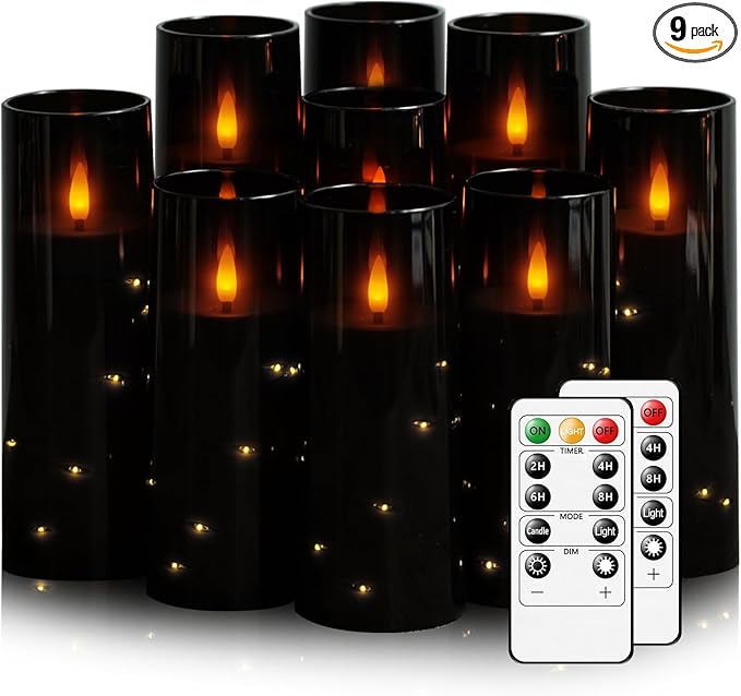 Nimiko Flickering Flameless LED Candles, 9 Pcs with Embedded Star String, Acrylic LED Pillar Candles with Remote, Suitable for Home Decoration (Black)
