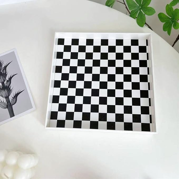 Ciandid Checkered Decorative Tray - Checkerboard Jewelry and Aromatherapy Reed Diffuser Vanity for Bathroom, White Dresser Organizer for Makeup and Perfume
