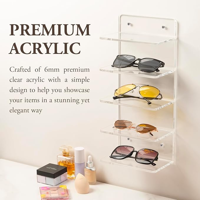 MyGift 5 Tier Premium Clear Acrylic Sunglasses Holder Rack, Wall Mounted Eye Glasses Shelf or Tabletop Display Stand, Retail Eyewear Showcase Storage Organizer