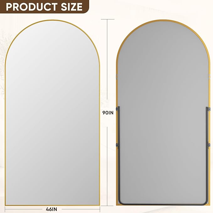 Antok Full Length Mirror, 90"x46" Floor Mirror with Stand, Hanging Mounted Mirrors for Bedroom, Living Room, Cloakroom, Dining Room, Gold, Arched
