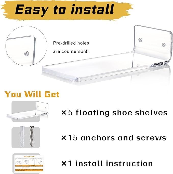 Forzacx Floating Shoe Display Set of 5, Sturdy Levitating Acrylic Shelf , Easy to Install Sneaker Shelves Storage, for Bedroom, Hallways etc - Display Your Top Shoes Maximize Wall Space