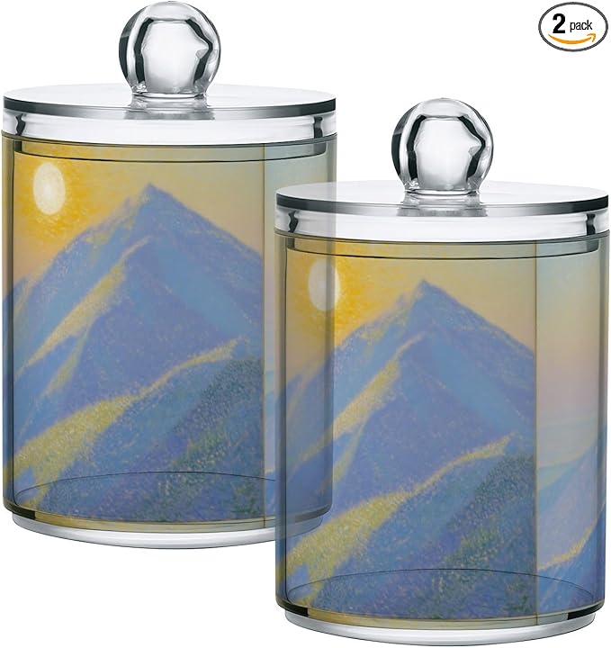 2 Pack Apothecary Jars Cartoon Mountains and Sun Bathroom Vanity Storage Organizer Set,Small Clear Plastic Storage Jars Bathroom Canister for Cotton Swabs, Rounds, Balls, Qtips,Makeup Sponges,