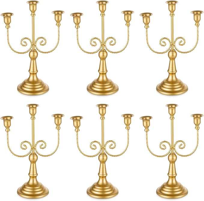 Romadedi Candelabra Gold Candle Holders - 3 Arm 11.8" Wedding Candlestick Holder for Theme Party Table Centerpiece Decor Dining Room Birthday Holiday Christmas, Set of 6