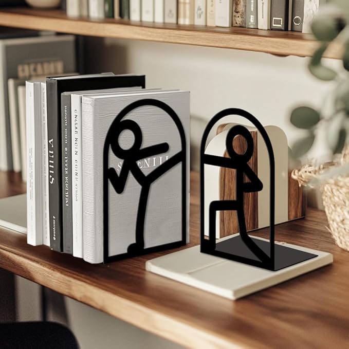 Peacoblue Metal Bookends for Shelves, Modern Decorative Heavy Duty Study Book Ends Stoppers for Office, Desk, Shelf, Room 5.3"x4.3"x7.9" Cast Iron Simple Tall Bookends 1 Pair (Stickman)