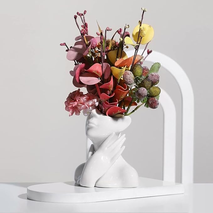 White Ceramic Vase Creative Human Body Art Design Multi Functional Office Desktop Organizer Pen Holder Makeup Brush Holder Home Decor Vase for Flowers Boho Ceramic Vases Stylish Decorative Accent (C)