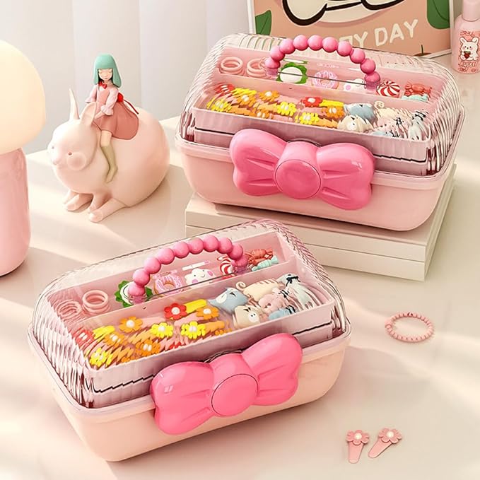 3-Layer Kids Hair Accessories Organizer with Bowknot Lock Cute Jewelry Box Headband Hair Tie Clip Organizer Box for Little Girls - Purple