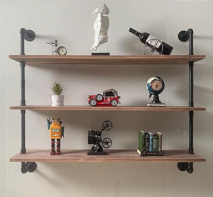 HDDFER Pipe Shelves Industrial Pipe Shelving Shelves Real Wood Industrial Floating Pipe Shelves with Wood Planks 36 inch Wall Shelves Rustic Hanging Bookshelf Farmhouse Kitchen Bar Shelving