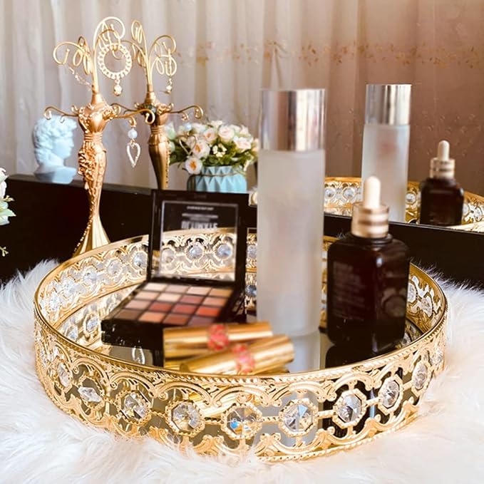 Round Gold Mirror Coffee Table Tray - Decorative Organizer for Perfume, Makeup, Vanity, Dresser Tops (11.8 in)