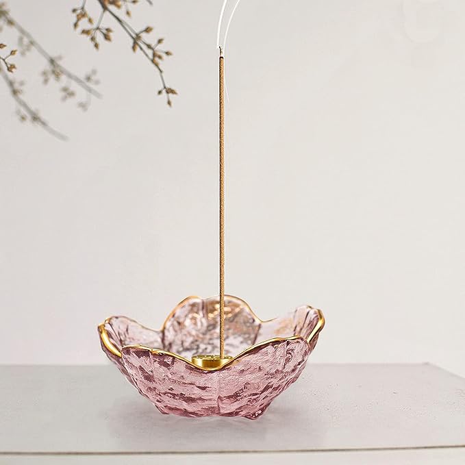 Incense Holder for Sticks and Backflow Incense, Handmade Glass Cherry Blossom Incenses Stick Holder with 9 Incenses Holes Incenses Burner Ash Catcher Ideal for Incense Burning, Home & SPA Decor