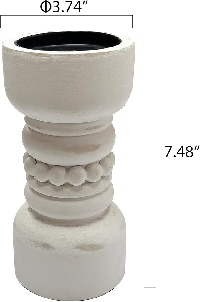 dwellington Farmhouse Rustic Wood Pillar Candle Holder, Decorative Beaded Candlestick Holder Stand for Home Decor, Gifts, Wedding (White)