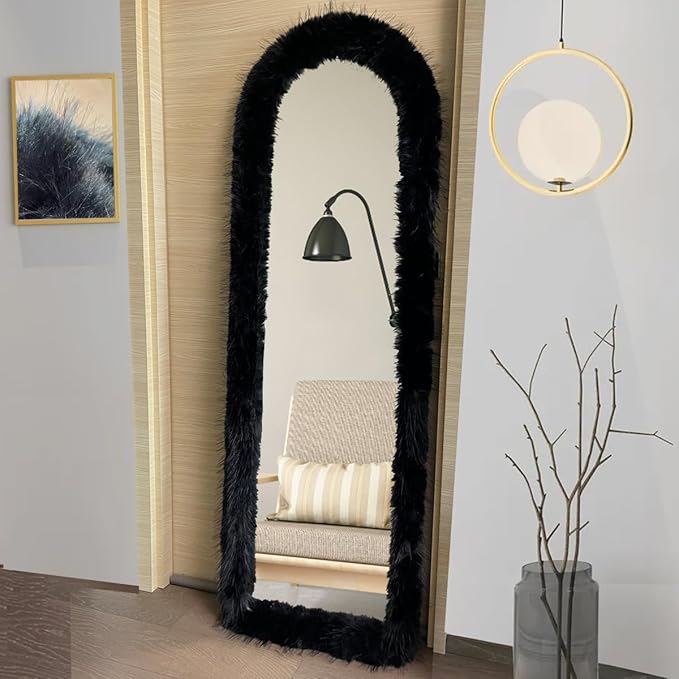 Fluffy Mirror Cover - 59"x16" Full Length Stretch Universal Ultra Soft Non-Slip Cover Warm Home Decor for Bedroom Cloakroom (Black-Without Mirror, Suitable for 59"×16")