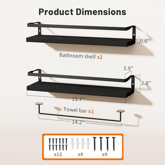 Bathroom Shelves with Towel Bar,Floating Shelves for Bathroom, Kitchen, Bedroom, Paulownia Wood, Matte Black Metal Frame - Set of 2 (Black)