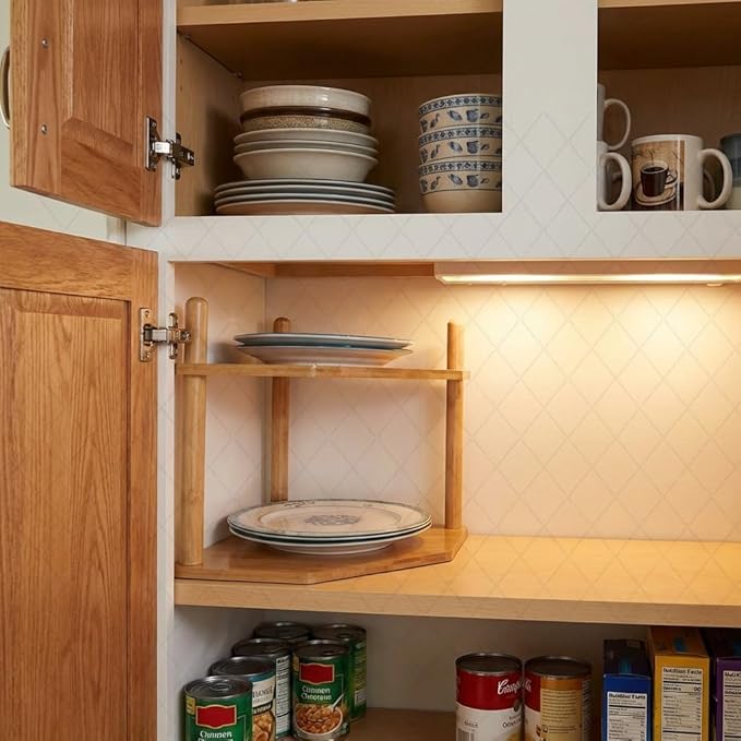 2Pcs 2-Tier Expandable Bamboo Corner Shelf - Dish/Plate Organizer for Cabinet, Kitchen Counter Shelf & Small Kitchen Shelf, Adjustable