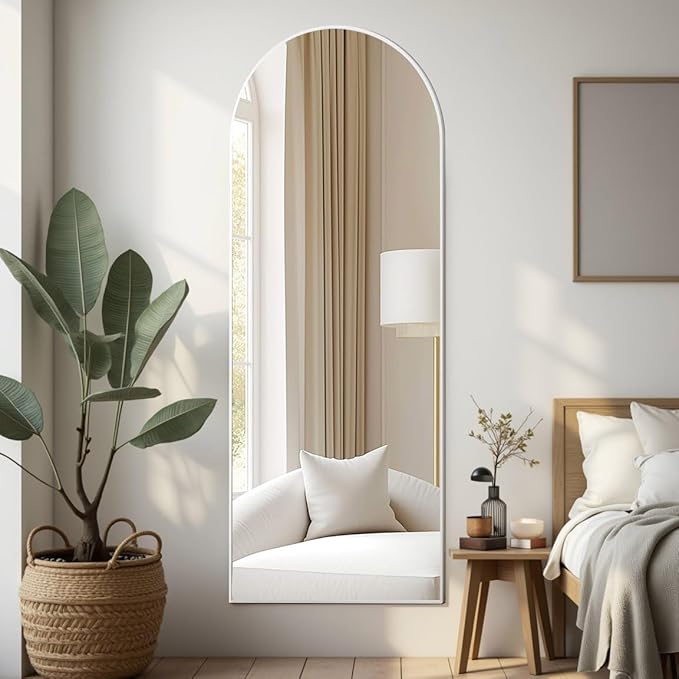 Prywot Arched Floor Mirror, 58 "x 18" Full Length Mirror Wall Mirrors Hanging or Leaning Arched-Top Full Body Mirrors with Stand for Bedroom, Dressing Room, White