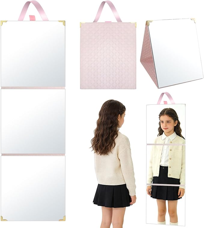 49 x 12 Inches Foldable Portable Full Length Mirror for Travel, Shatterproof Trifold Hanging Folding Mirror for Camping, Dance Bag with Garment Rack, Makeup Full Body Over the Door, Large, RV, Pink