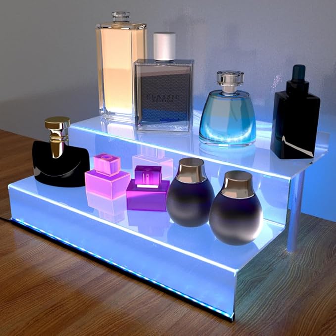 YMVV 12 Inch Acrylic Shelf for Perfume Organizer with LED Light, Large 2 Tier Cologne Organizer Tiered Riser Display Stand,Acrylic Display for Decoration and Organizer, Clear