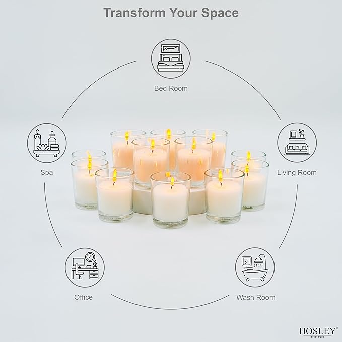 Hosley Set of 12 White Unscented Votive Candles in Clear Glass Holders - Hand Poured Soy Wax, 10-12 Hour Burn Time for Weddings & Home Decor