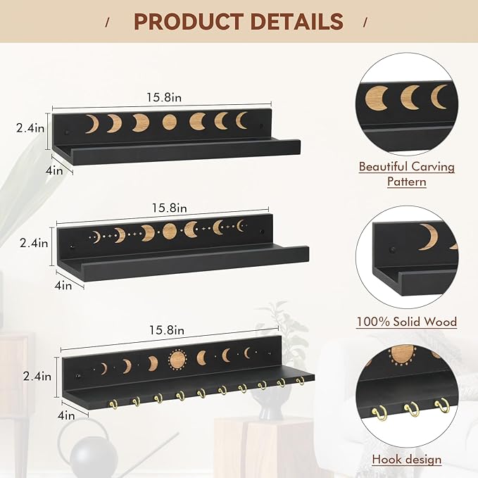 Crystal Shelf with Hooks Set of 3, Moon Shelf Display Wall Mount, Wood Floating Shelves for Celestial Decor and Room Decor, Crystal Display Shelf Holder for Stones, Essential Oils (Black)
