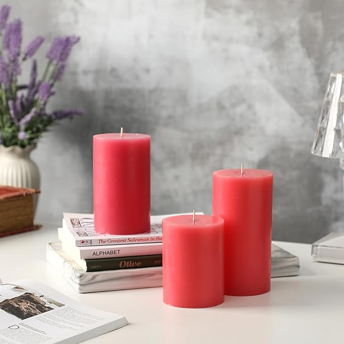 Pink Pillar Candles Set of 3 - Valentines Day Pink Candles Decorations, Hand-Poured Unscented Candle, Smokeless Decorative Candle for Home, Set of 3 in Different Sizes (4", 5", 6")