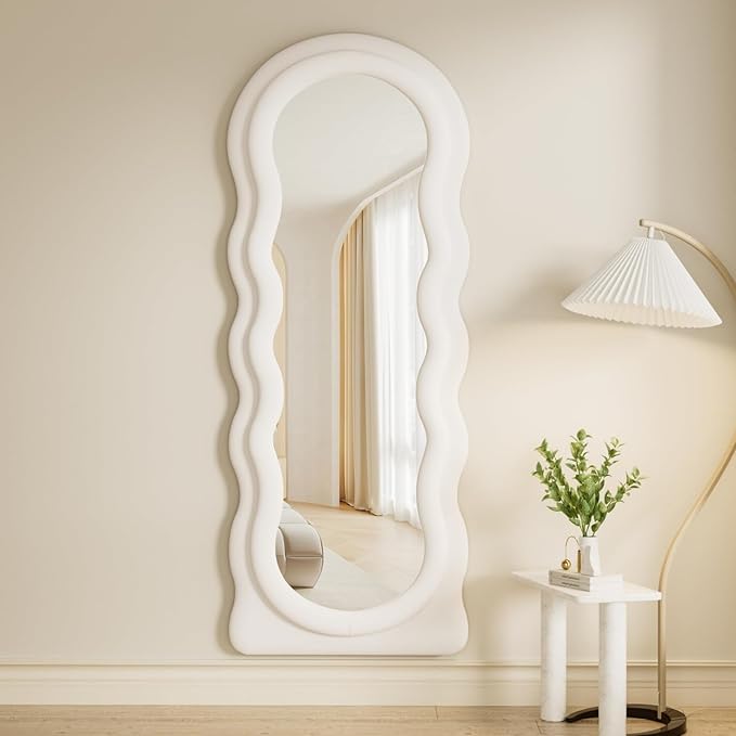Dewfig Full Length Mirror, 63" x 24"Irregular Wavy Mirror, Large Floor Length Mirrors Wall Mounted, Standing Wavy Mirrors with Flannel Wrapped Wooden Frame for Bedroom/Living Room, White